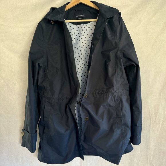 Lands' End Womens L 14-16 Navy Lined Polka Dot Raincoat Machine Wash Pockets - Picture 2 of 13